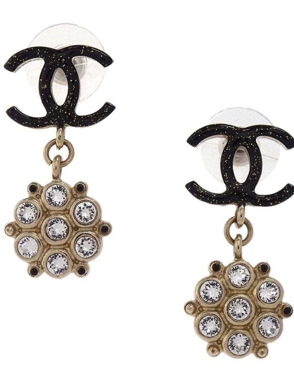 Chanel CC Dangle Pierced Earrings Gold Black Rhinestone B19B 167449